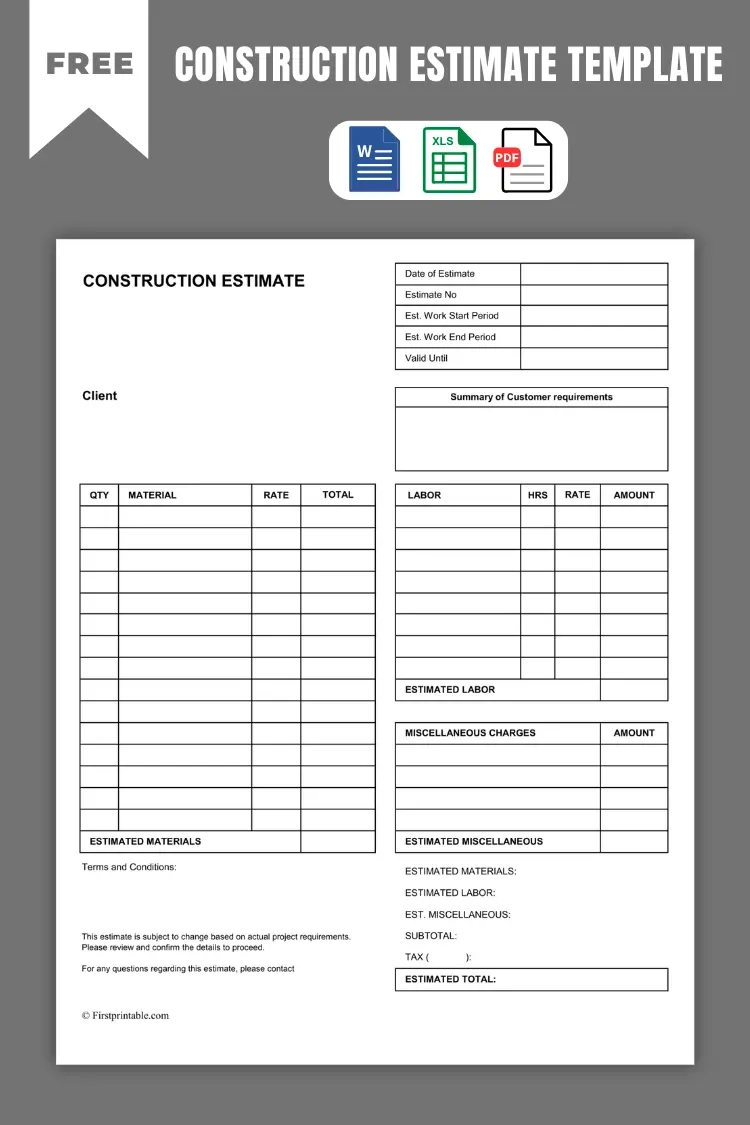 Printable Construction Estimate Template