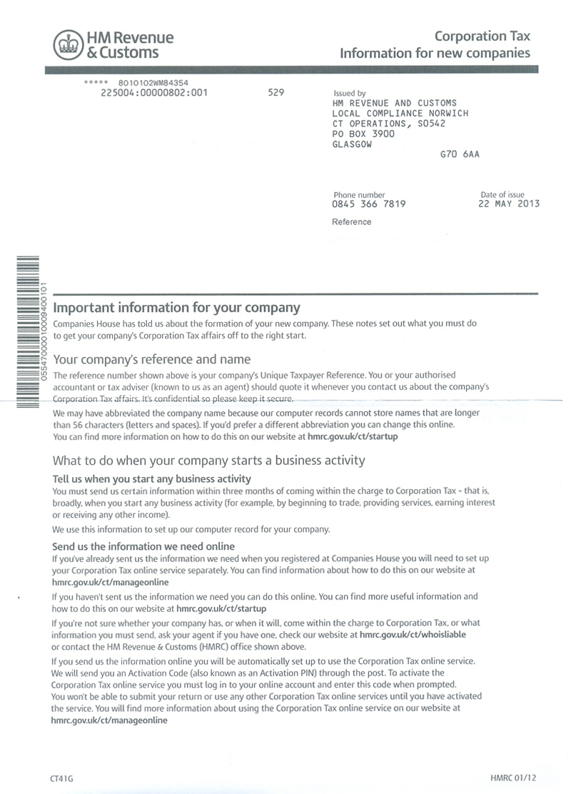 CT41G Corporation Tax Information For New Companies