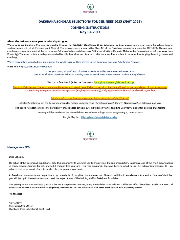 Dakshana Scholar Selections For Jee Neet 2025 JDST 2024 Joining 