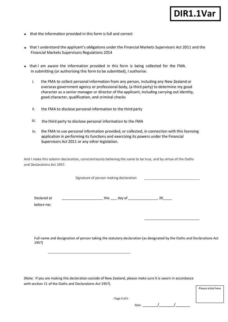 DIR 11 Director Senior Manager Statutory Declaration Form Fill 