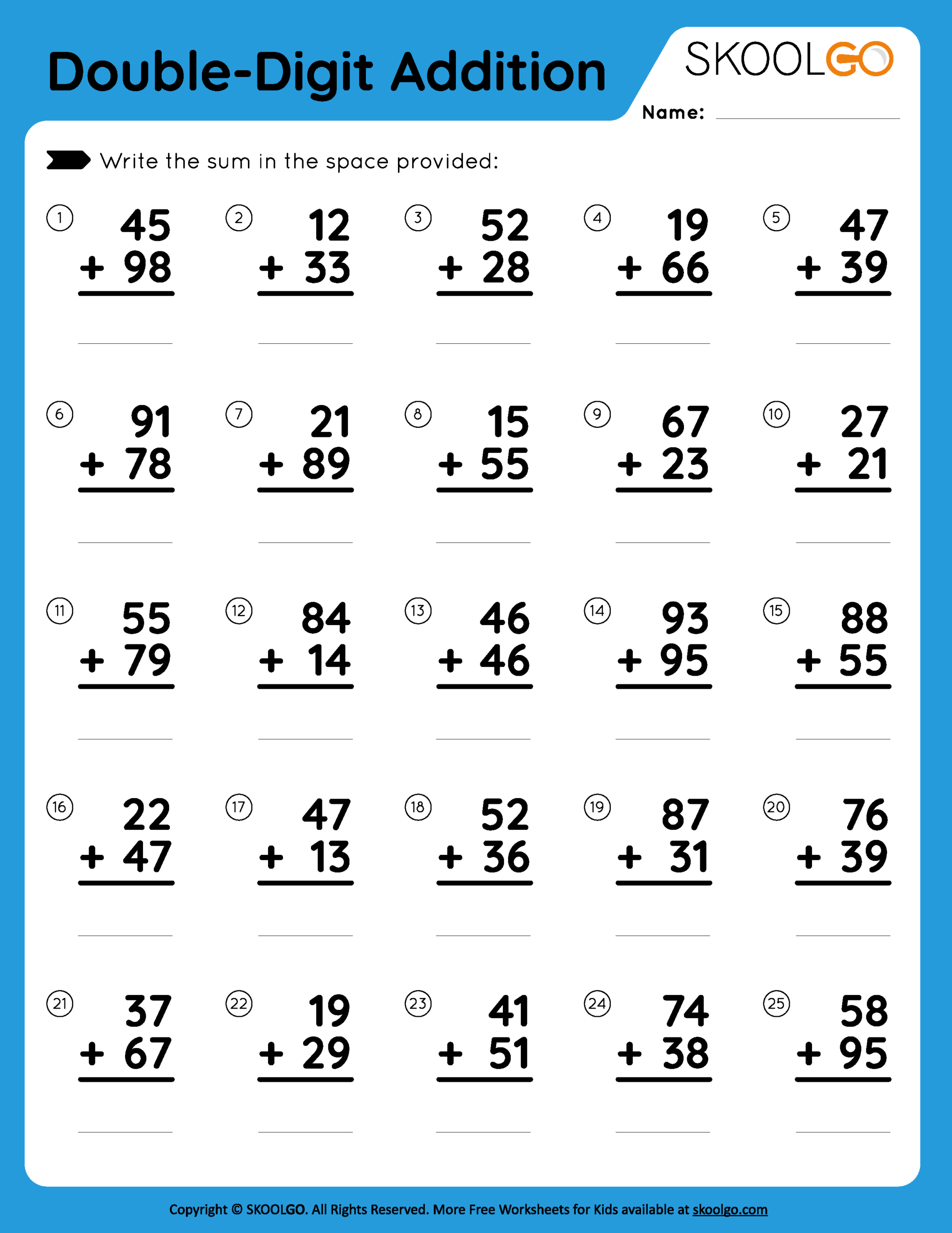 Free Printable 2 Digit Addition Worksheets