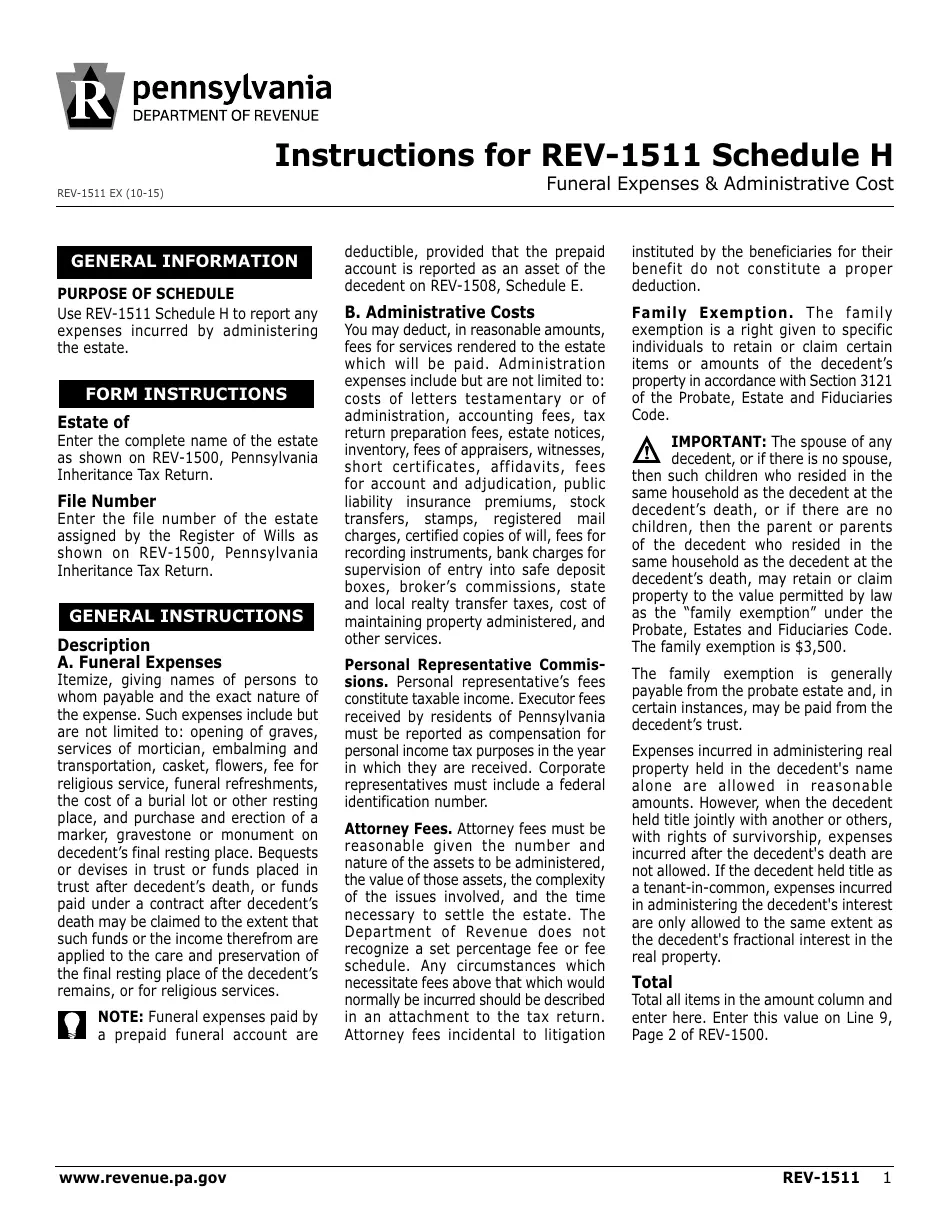 Download Instructions For Form REV 1511 Schedule H Funeral 