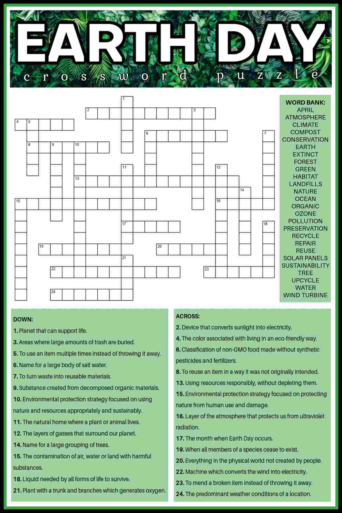 Earth Day Crossword Puzzle Free Earth Day Printable amp Answers