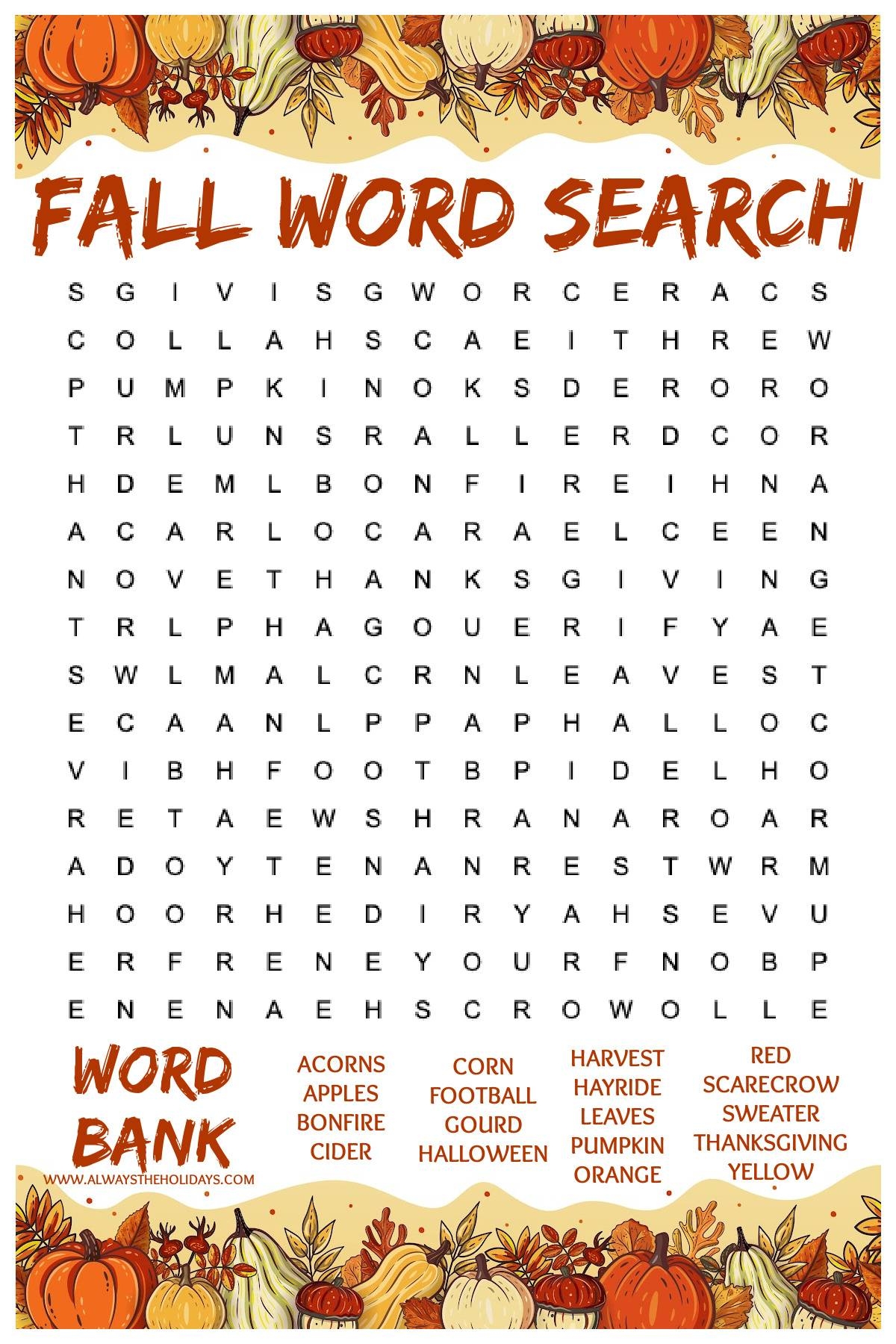 Autumn Word Search Free Printable