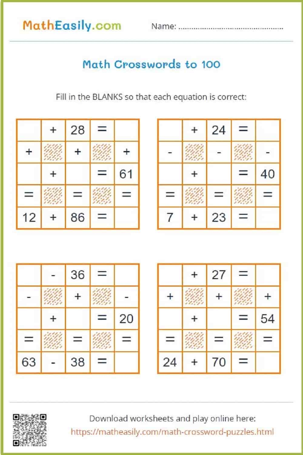 Cross Math Puzzles Printable