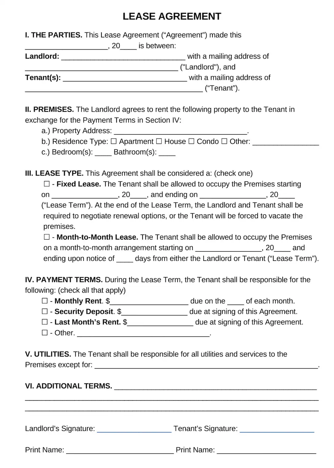 Printable Lease Agreement Template