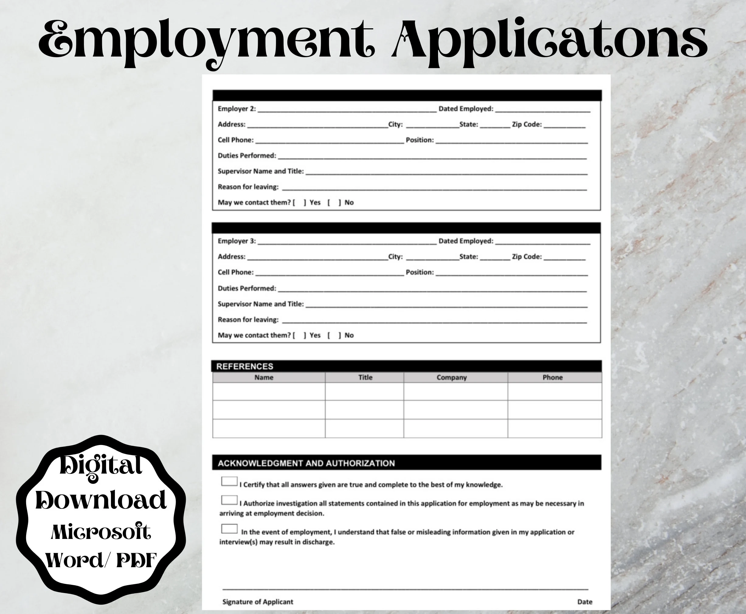 Printable Employment Application Template