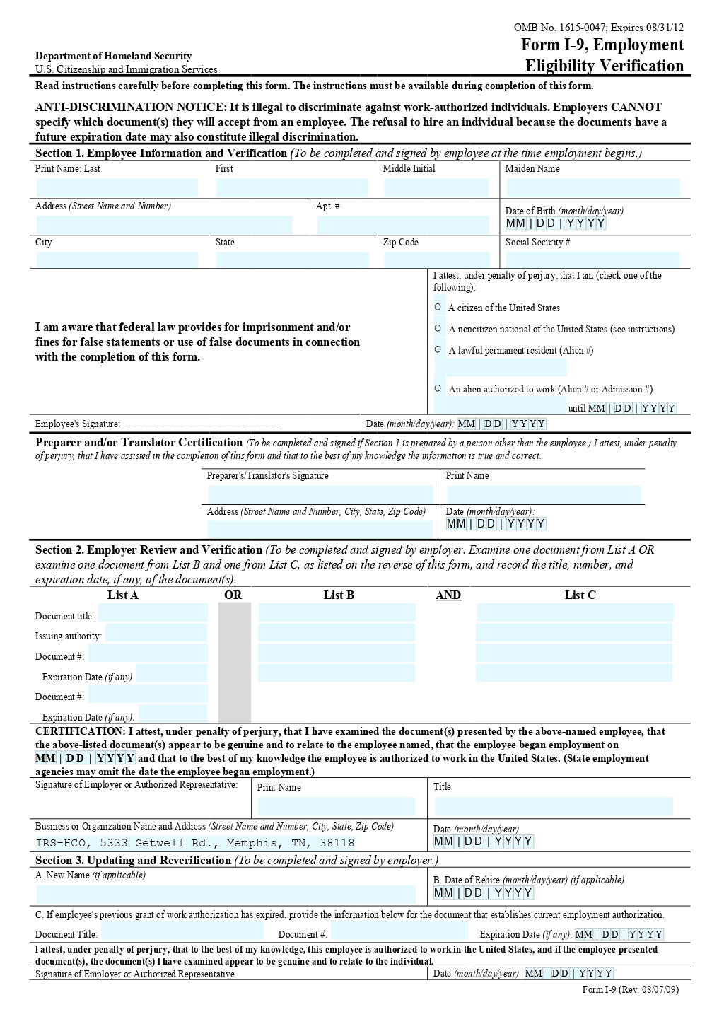 I9 Form 2025 Printable Irs