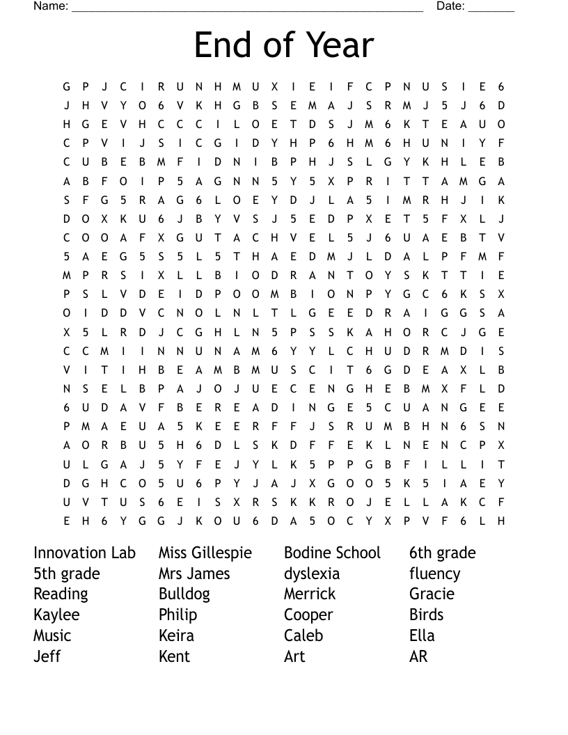 End Of Year Word Search WordMint