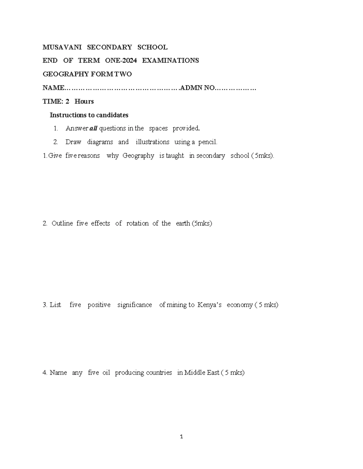 Form 3 Term 1 Exams 2024