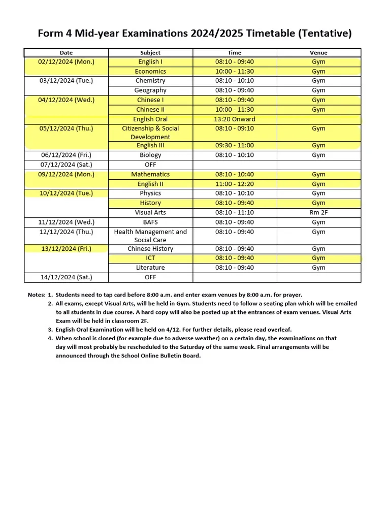 F 4 Mid Year Exam Timetable 2024 2025 Tentative PDF 