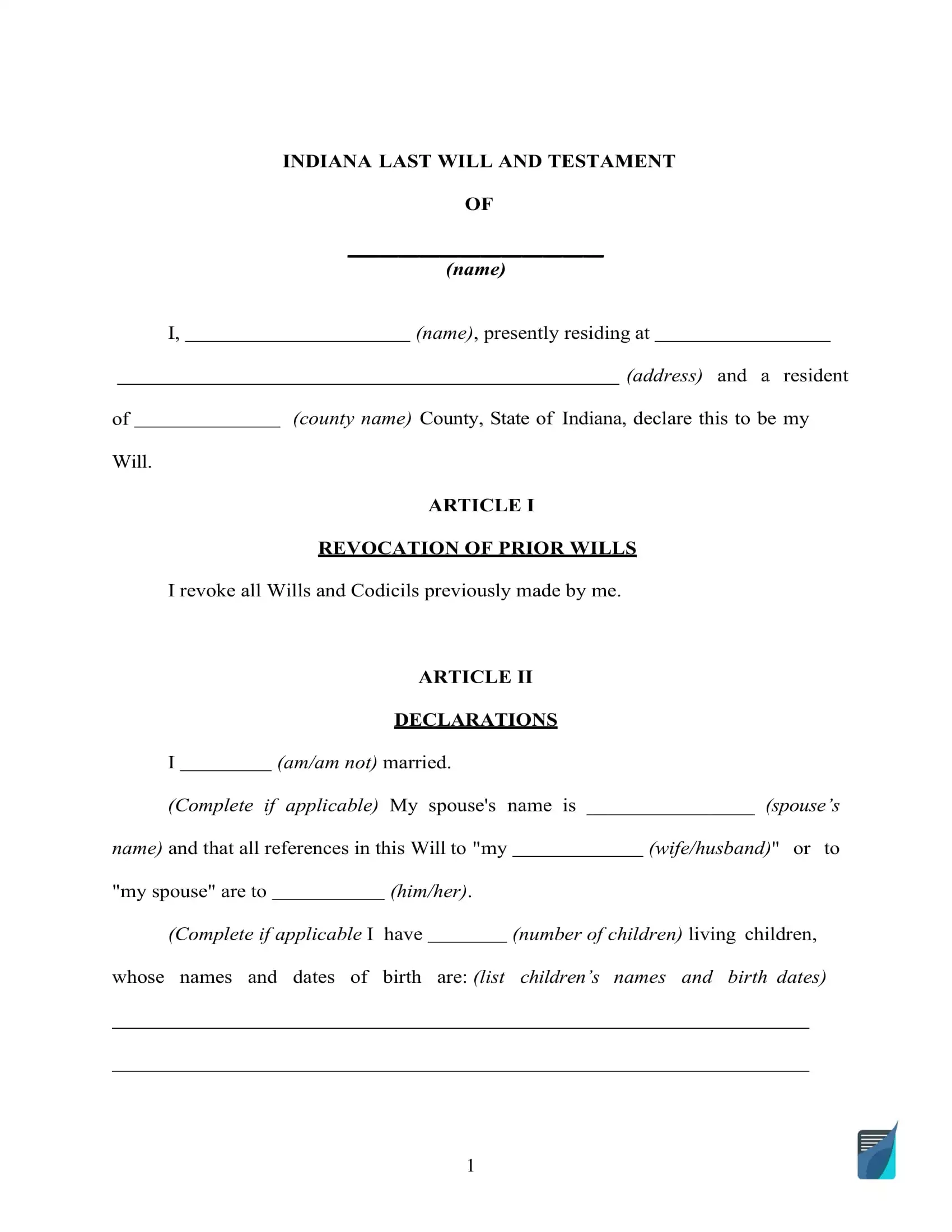 Fillable Indiana Last Will And Testament Form Free FormsPal