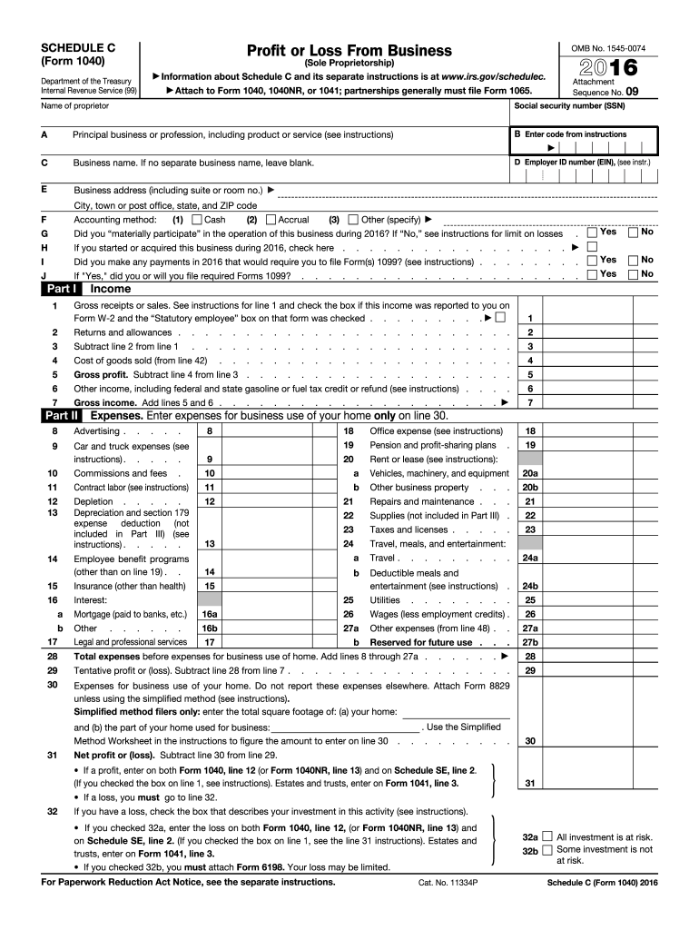 Fillable Online Irs Schedule C Form 2016 Fax Email Print PdfFiller
