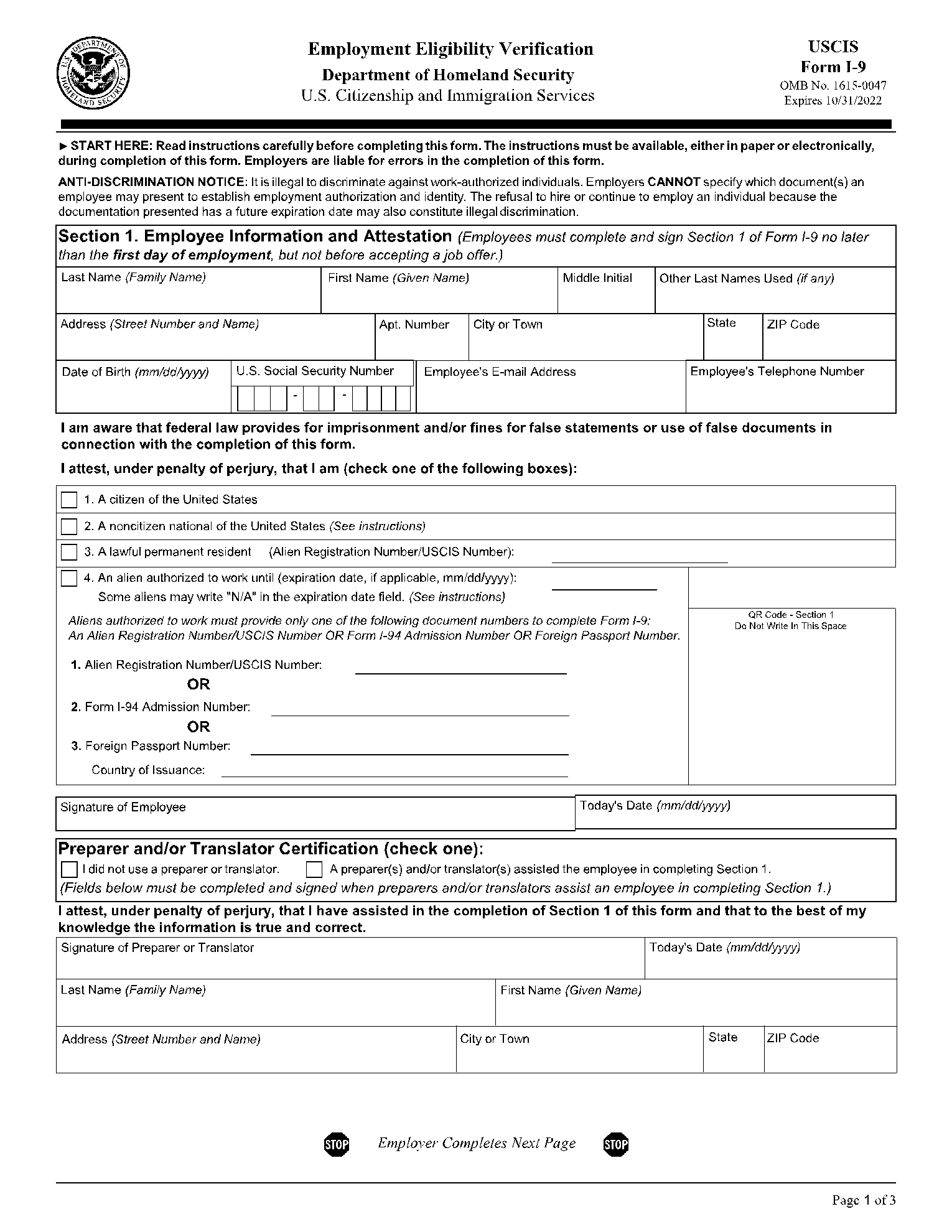 Fillable USCIS I 9 Employment Eligibility Verification Form