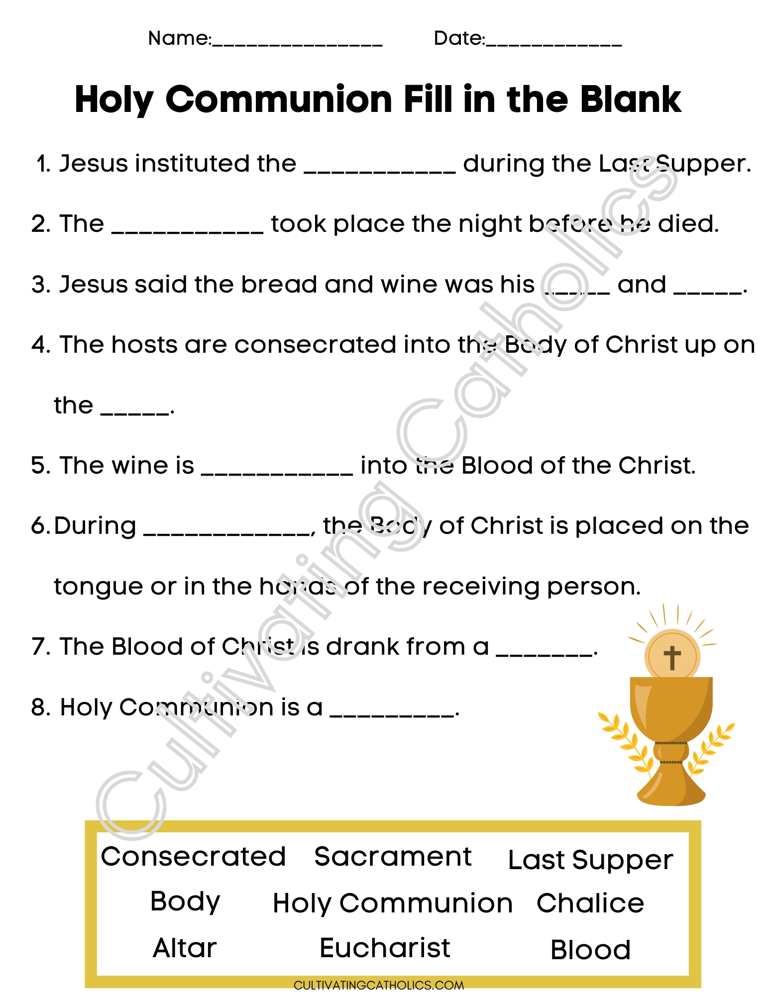 First Communion Fill in the Blank Printable Worksheet