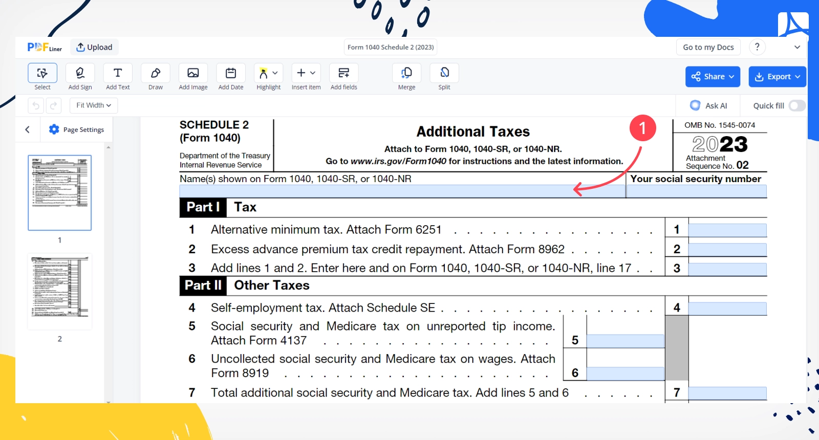Form 1040 Schedule 2 Fill And Sign Online PDFliner