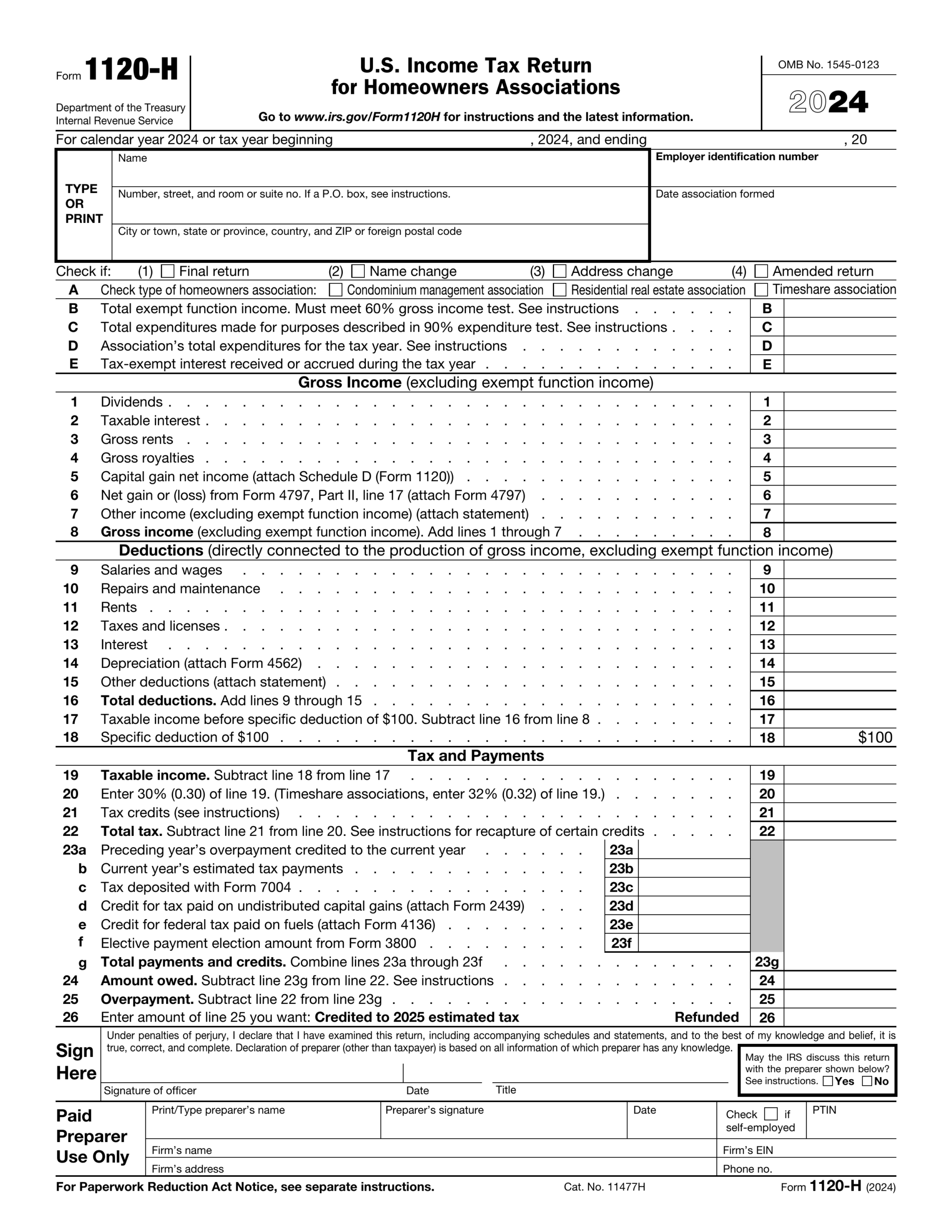 Irs Form 1120 H Printable 2024