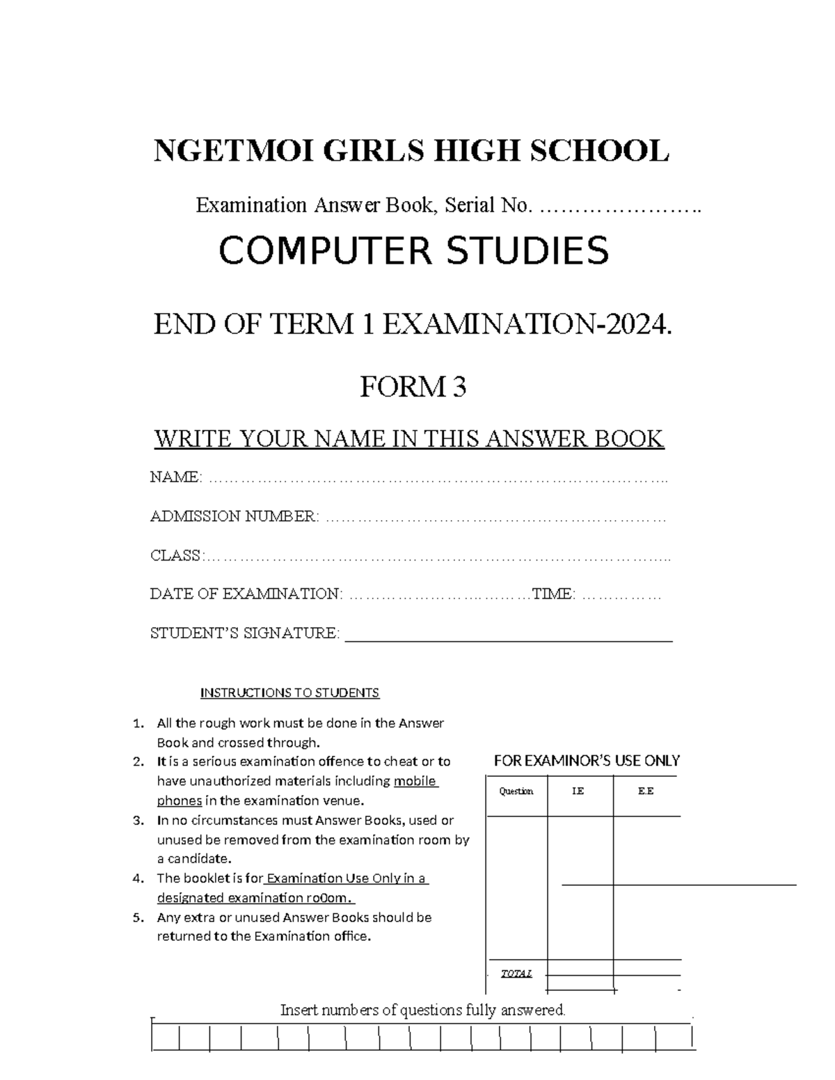 Form 3 Computer Studies End Of Term 1 Exam 2024 Studocu