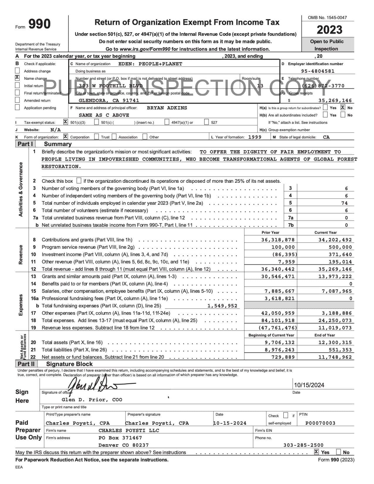 Form 990 2023 Tax Year Eden People Planet