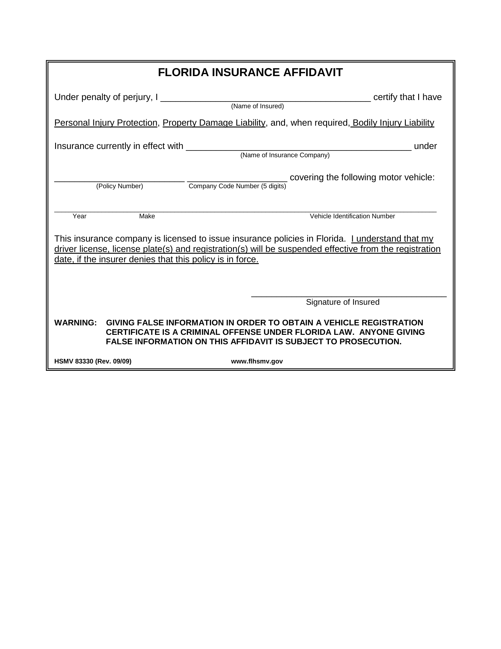 Form HSMV 83330 Florida Insurance Affidavit Florida Forms 