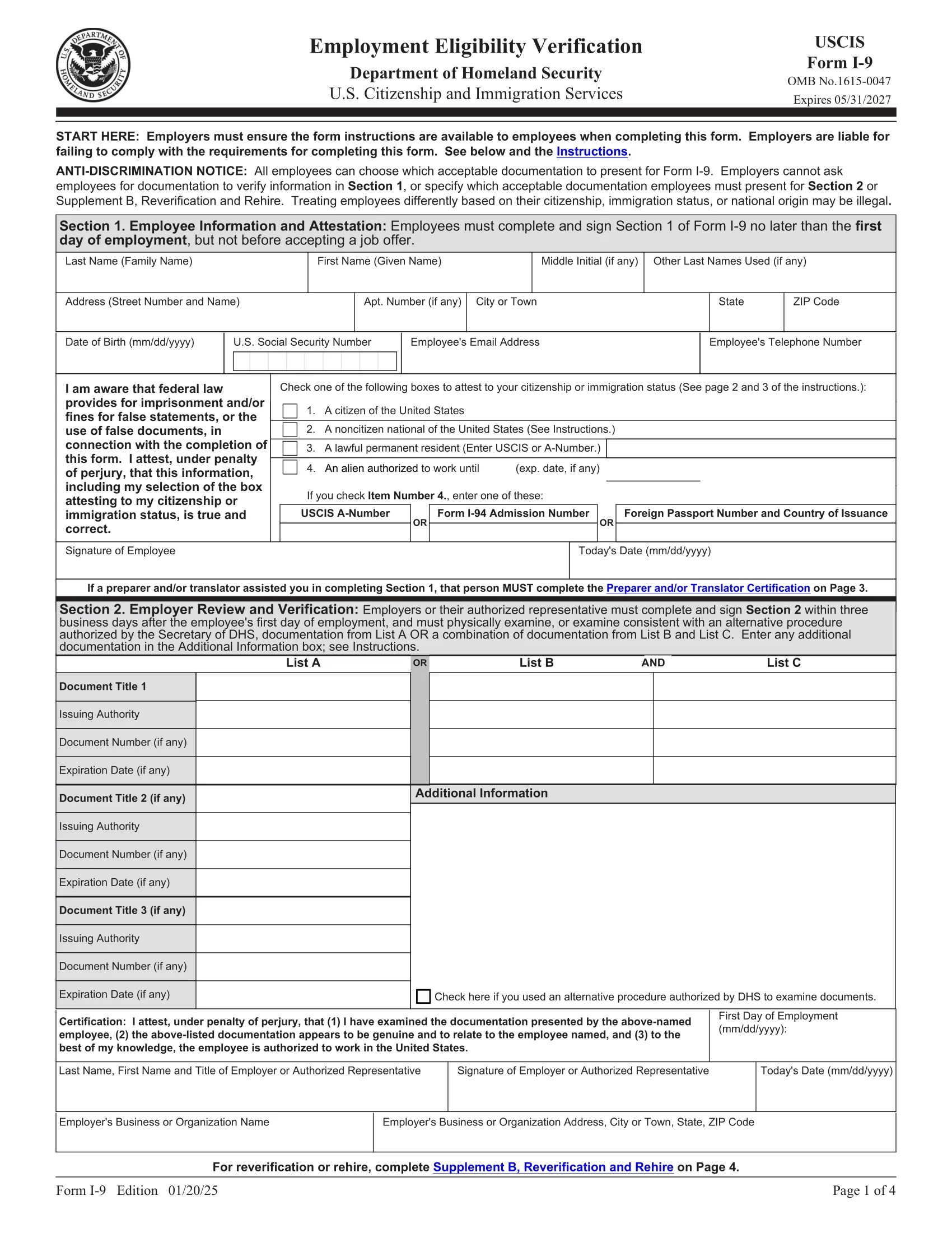 Form I 9 Employment Eligibility Verification Fillable PDF
