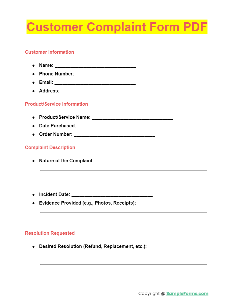 Complaint Form Template Free