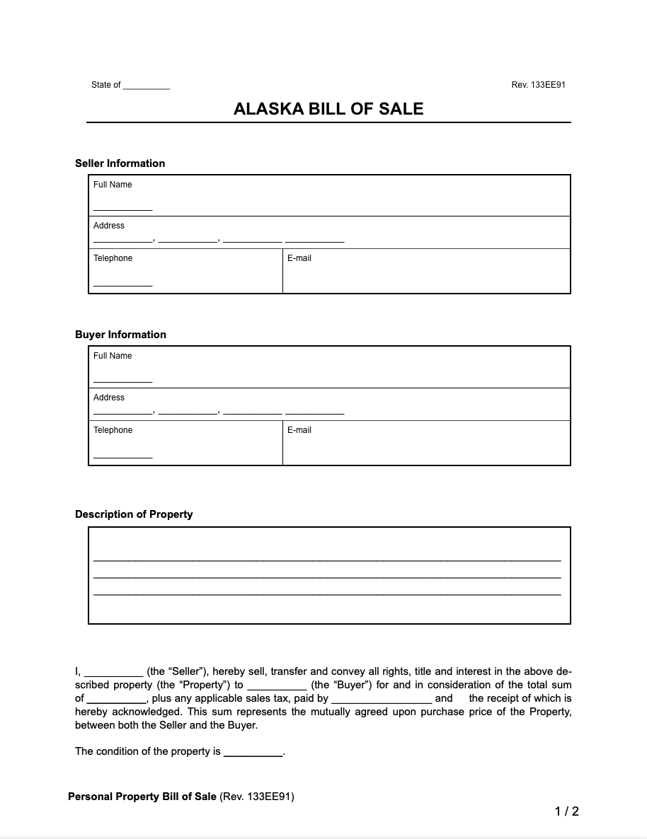 Free Alaska Bill Of Sale Forms Printable PDF amp Word