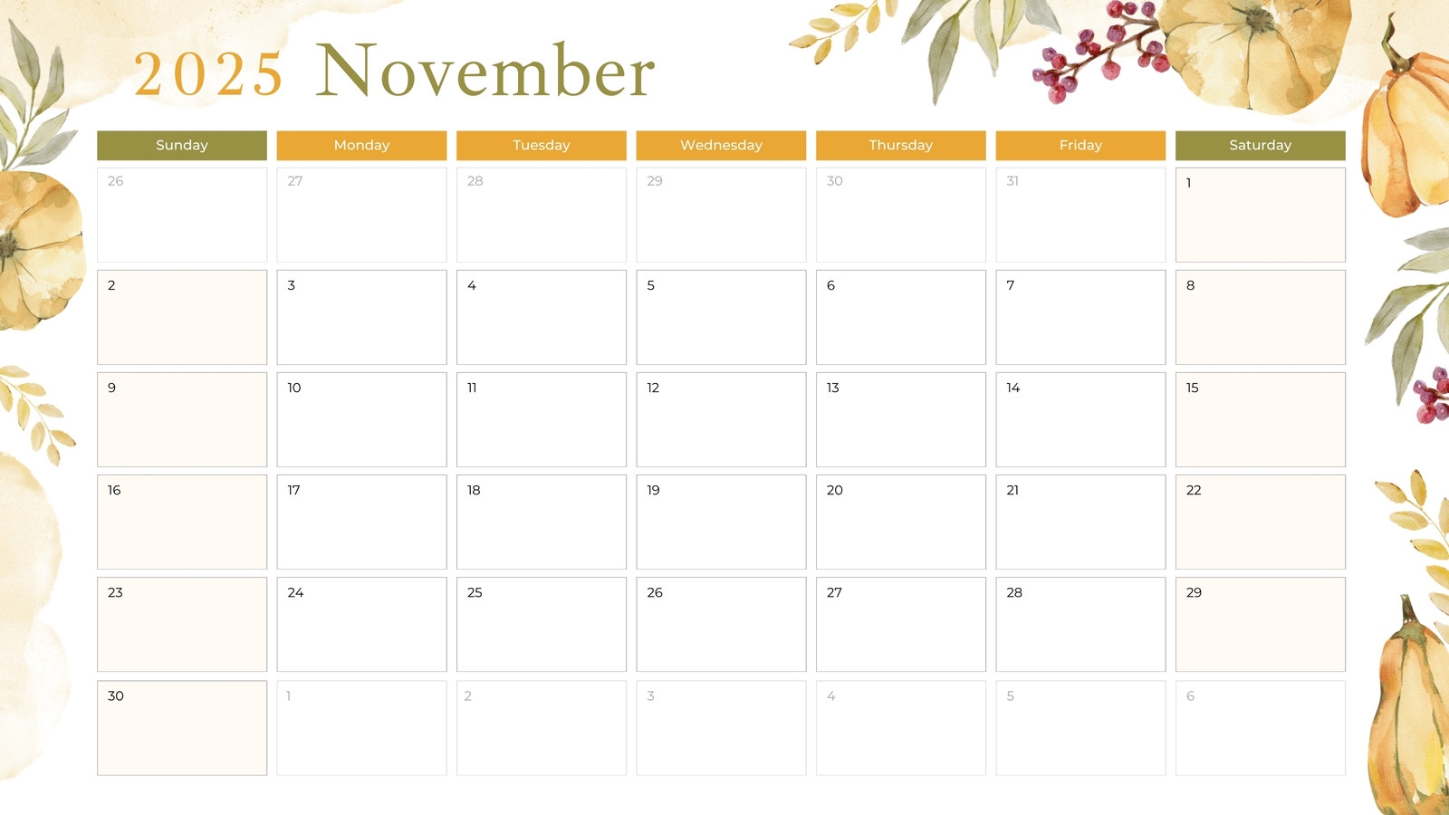 November Printable Calendar Template