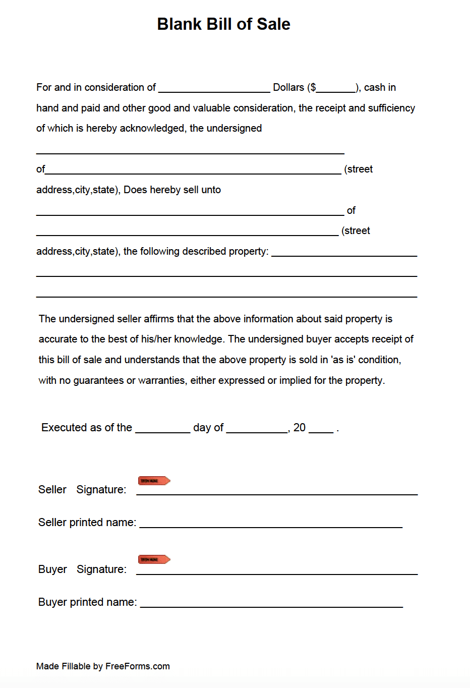 Printable Bill Of Sale Template