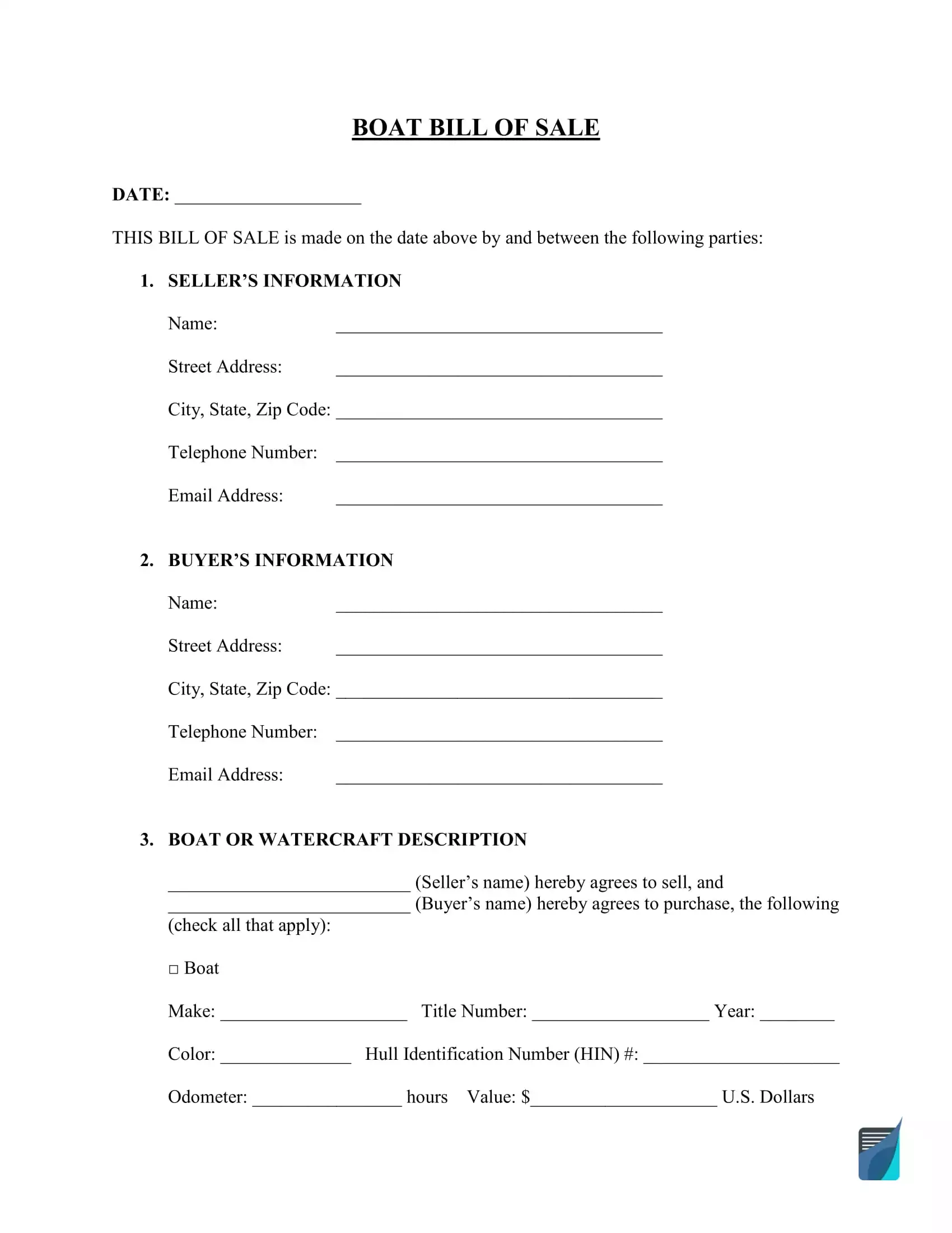 Bill Of Sale Form Free Printable Boat