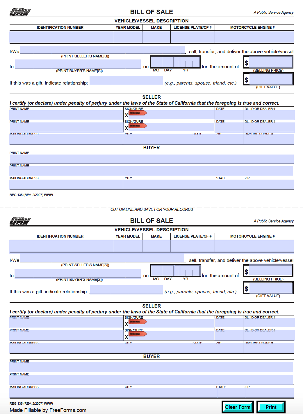 Bill Of Sale Form Free Printable Dmv