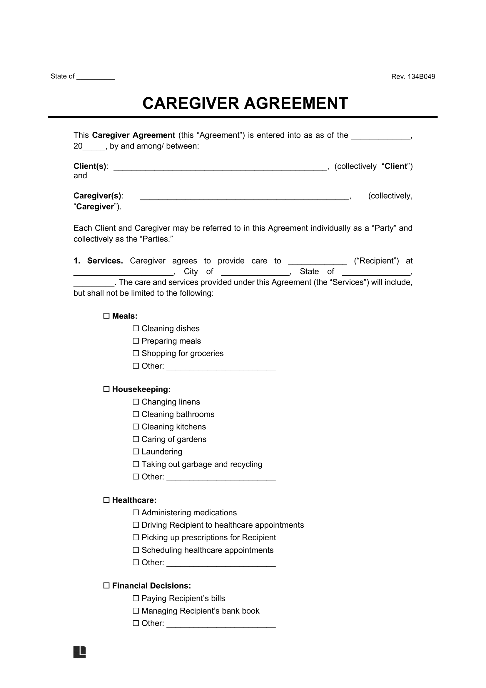 Free Caregiver Contract Template PDF amp Word