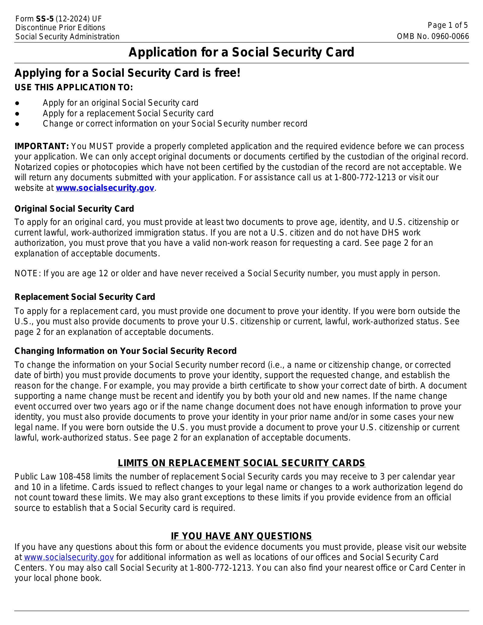 Free Form SS 5 Application For Social Security Card PDF EForms