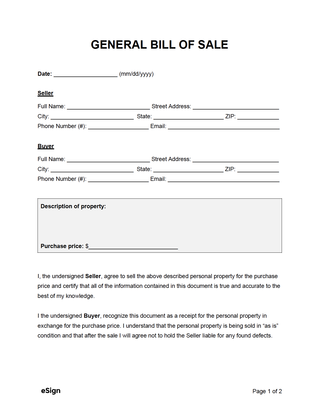 Bill Of Sale Printable Template