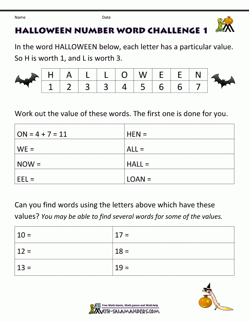 Free Halloween Math Worksheets Printable