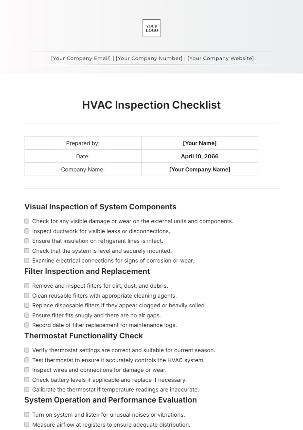 Printable Hvac Inspection Checklist Template