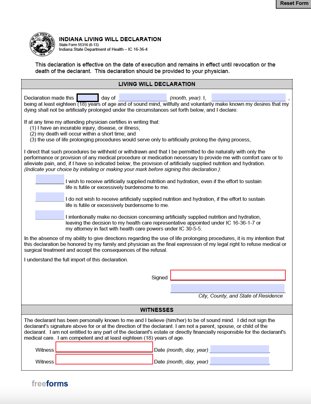 Free Indiana Living Will Form PDF Word