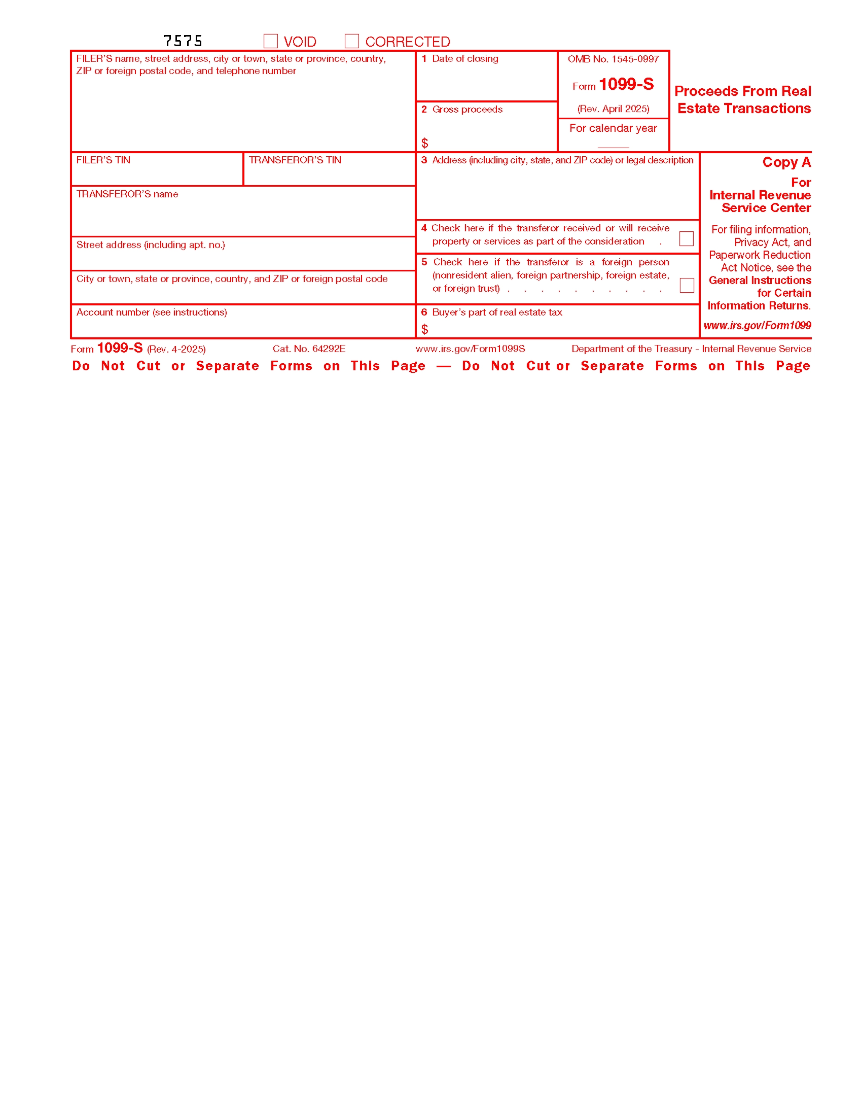 Free IRS 1099 S Form PDF EForms