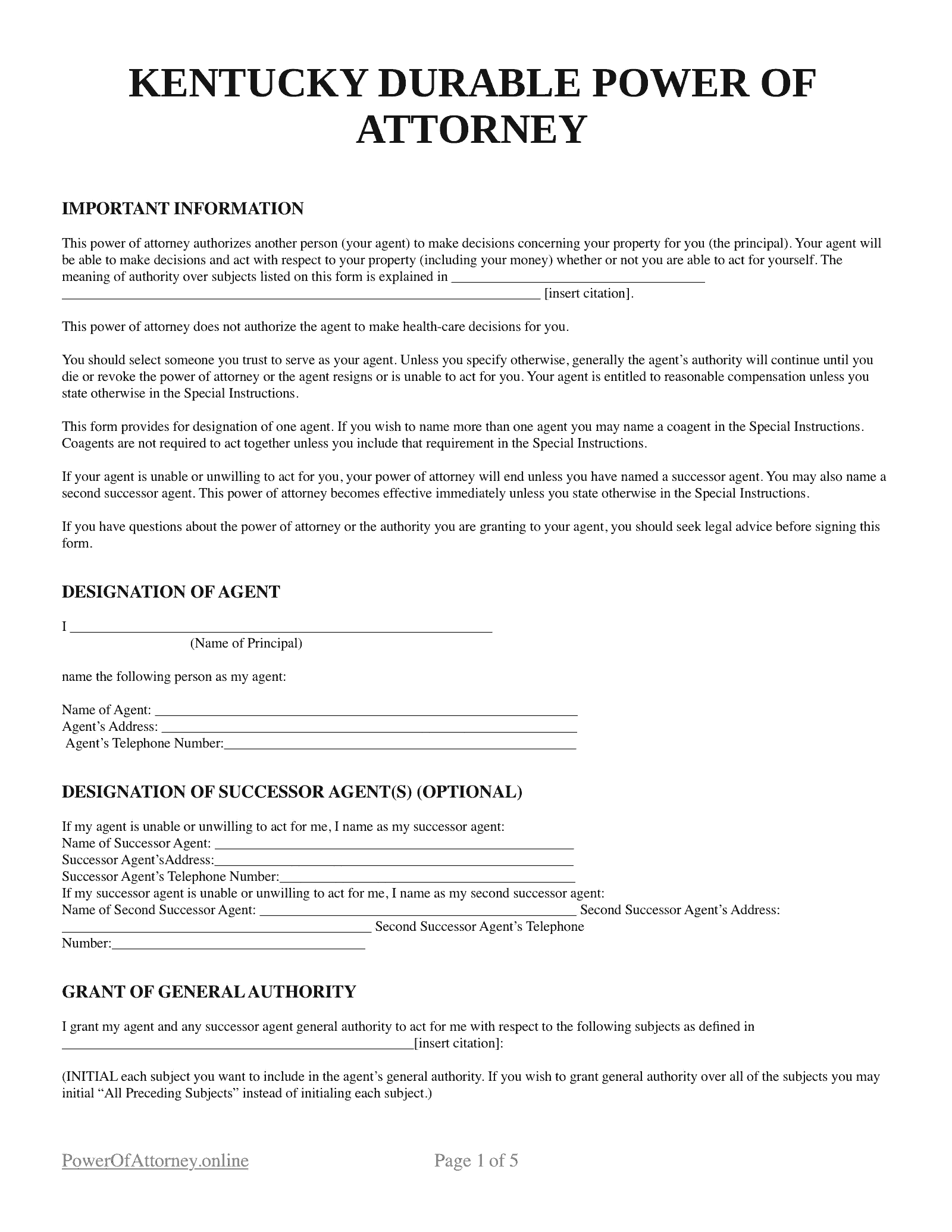 Free Kentucky KY Durable Power Of Attorney Forms amp Templates PDF