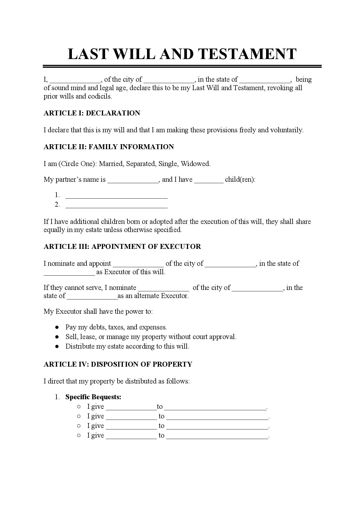 Printable Free Last Will And Testament Form