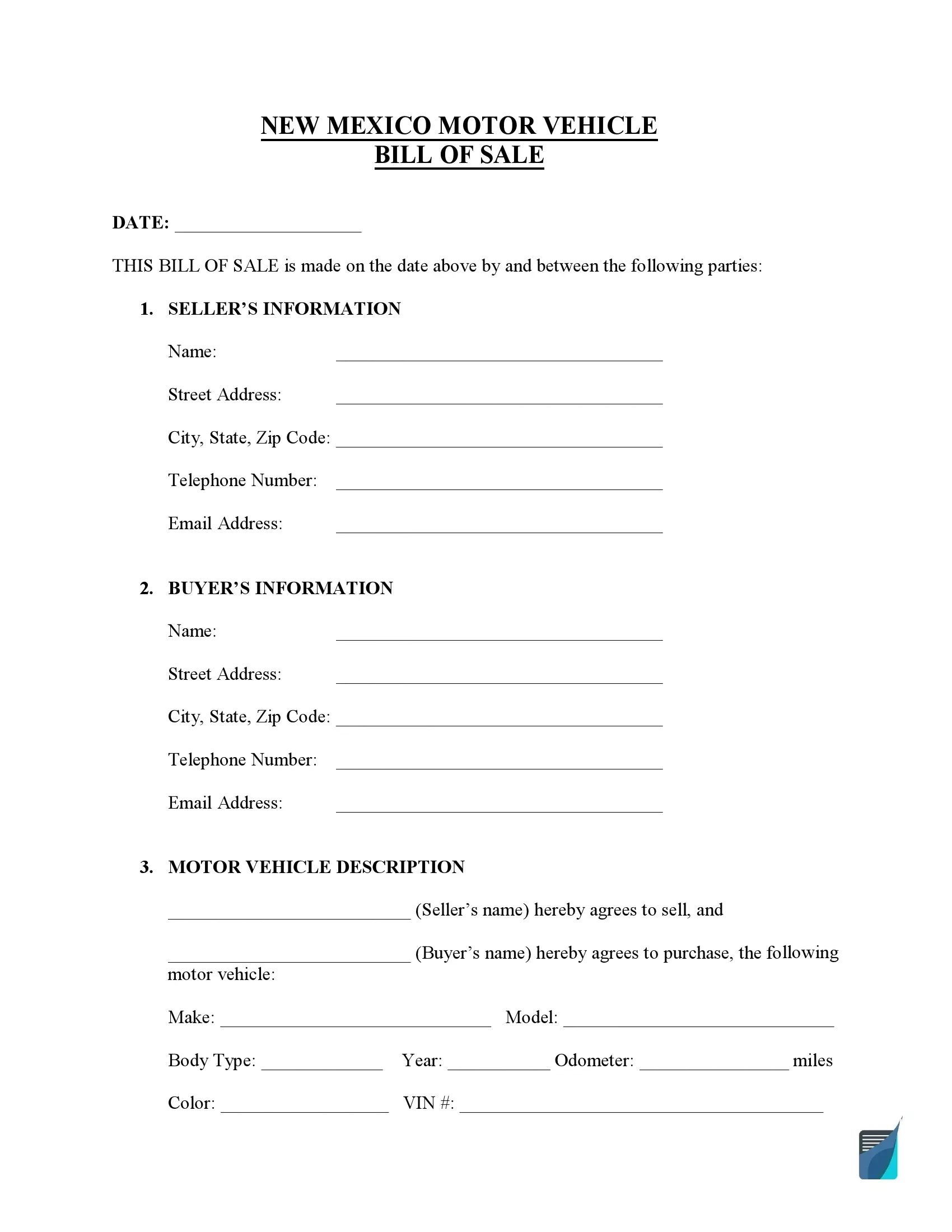 Free New Mexico Bill Of Sale Forms PDF FormsPal
