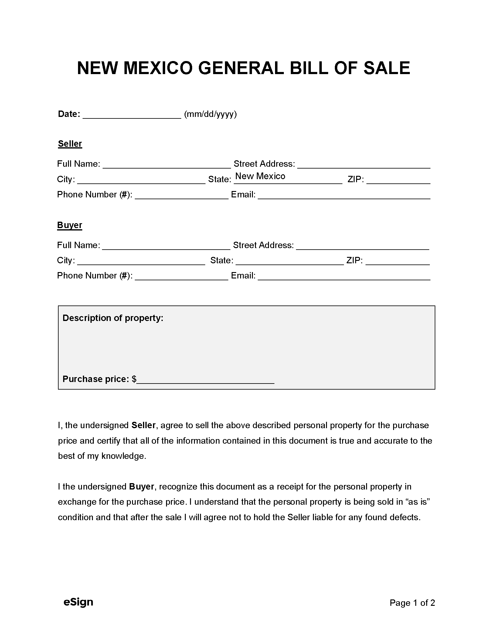 Bill Of Sale Form Printable Nm Mvd