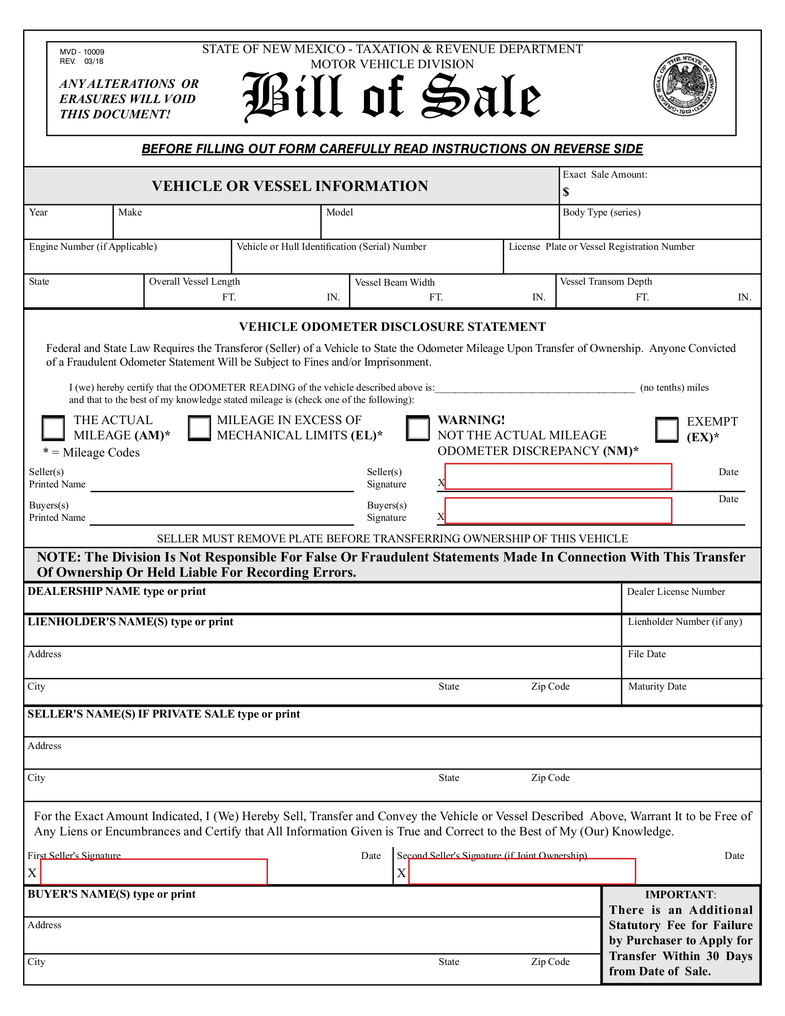Free New Mexico Vehicle Boat Bill Of Sale Form MVD 10009 PDF 