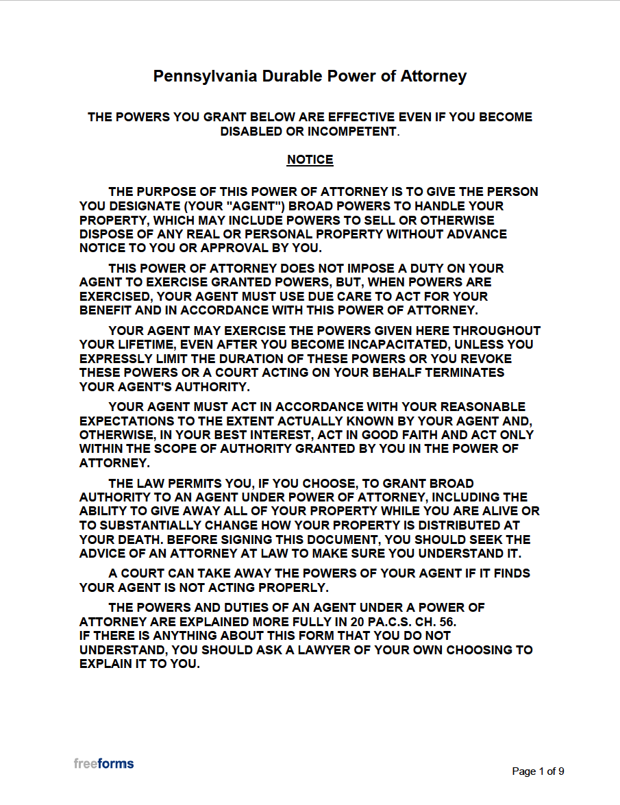 Free Pennsylvania Durable Financial Power Of Attorney Form PDF 