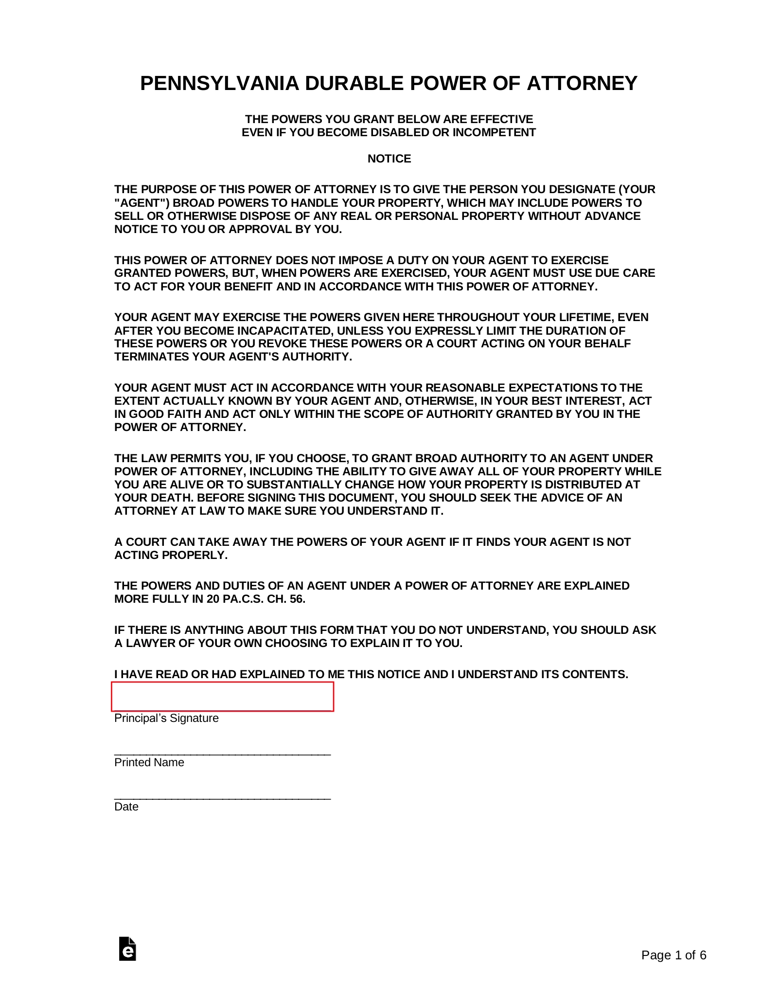 Free Pennsylvania Durable Financial Power Of Attorney Form PDF 