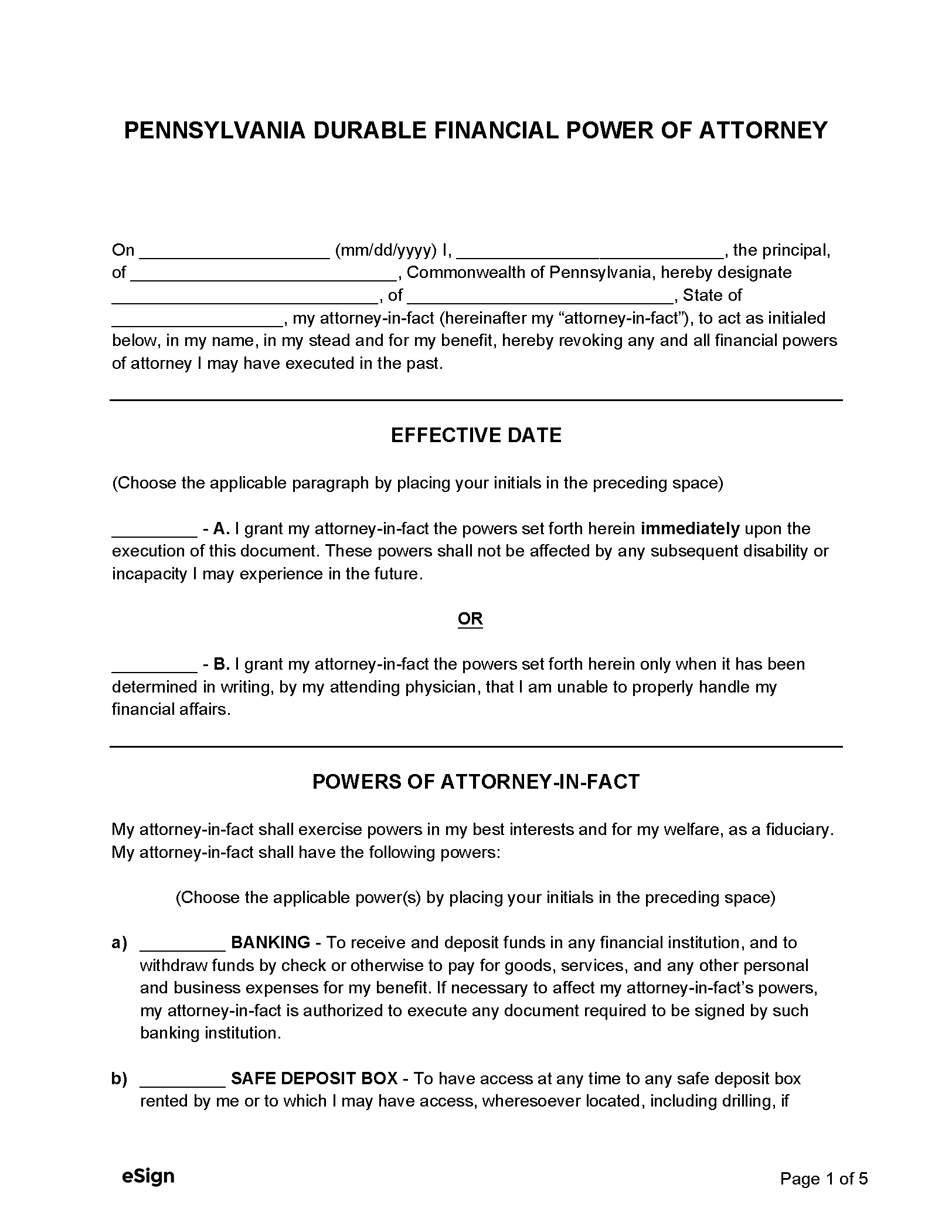 Durable Power Of Attorney Forms Printable Pa