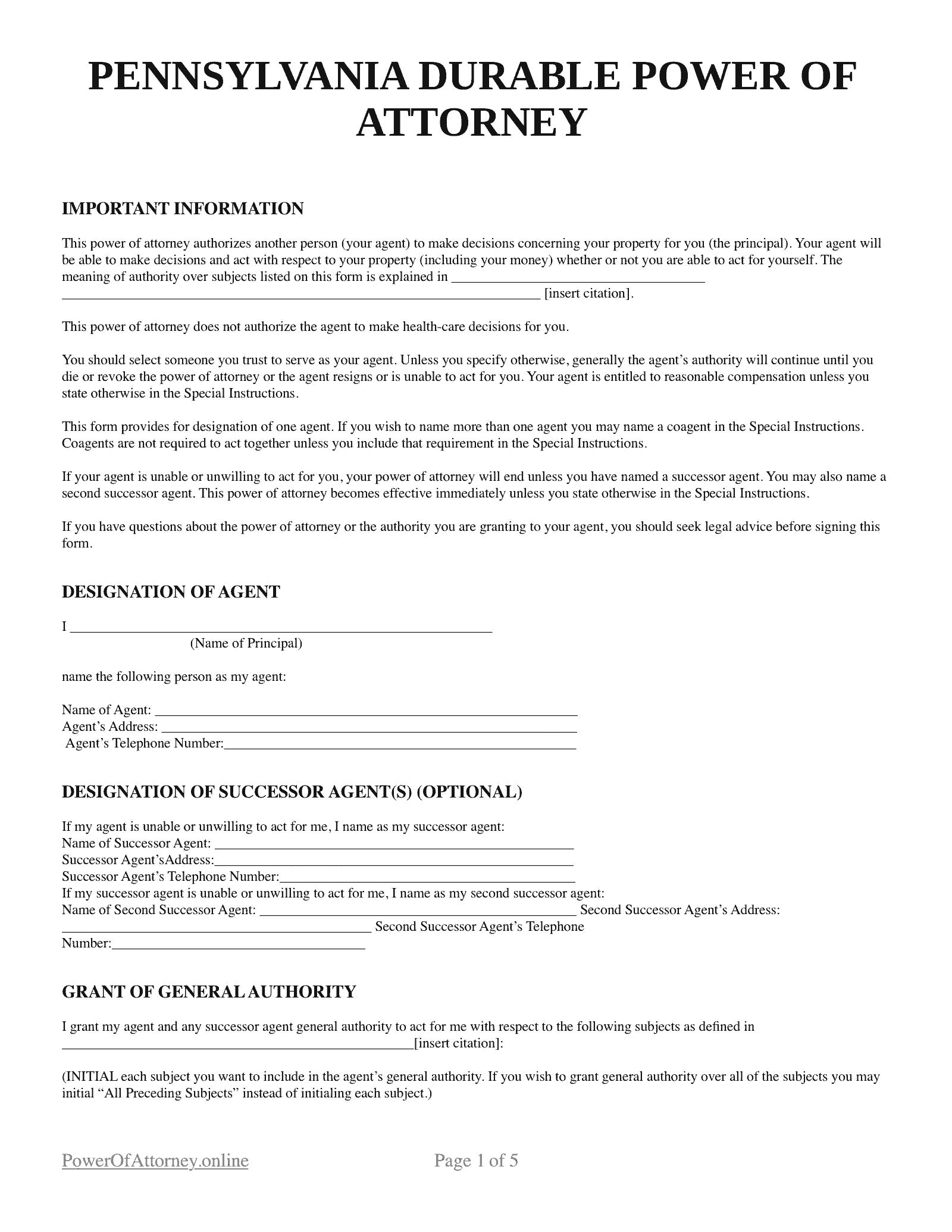 Free Pennsylvania PA Durable Power Of Attorney Forms amp Templates 