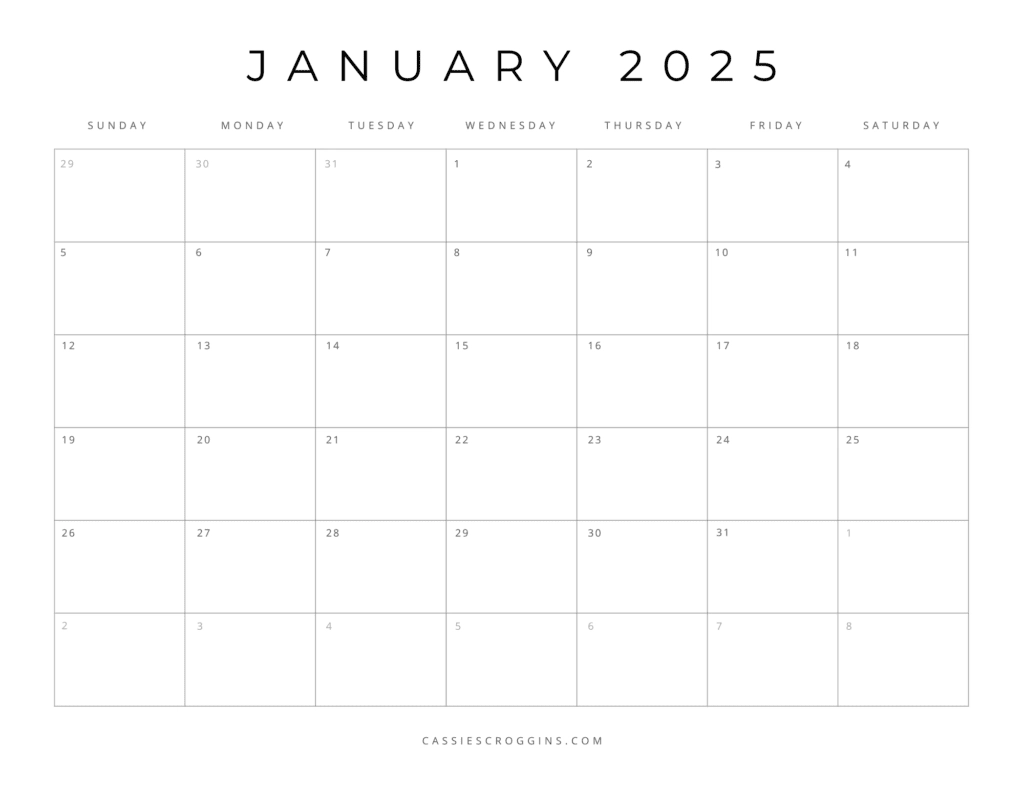 Blank 2025 Monthly Calendar Template