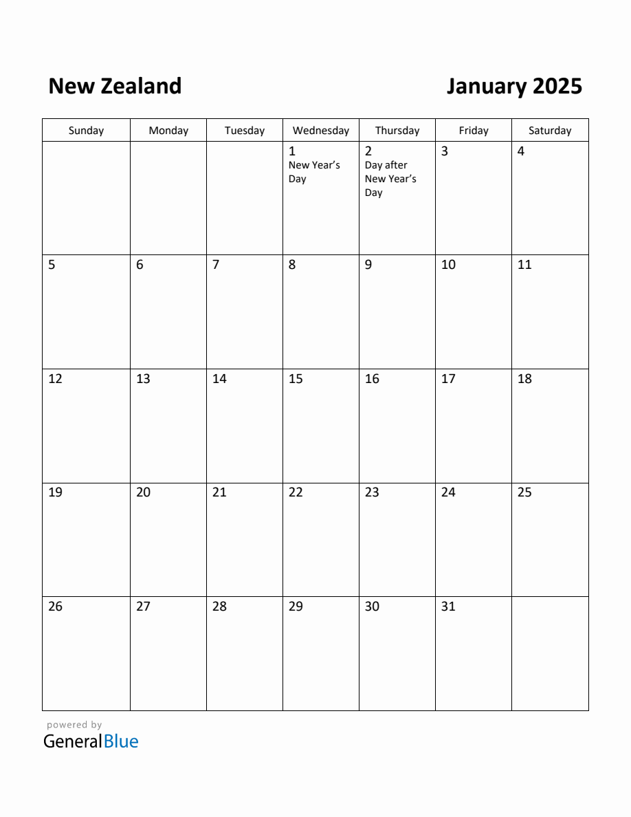 Free Printable January 2025 Calendar For New Zealand