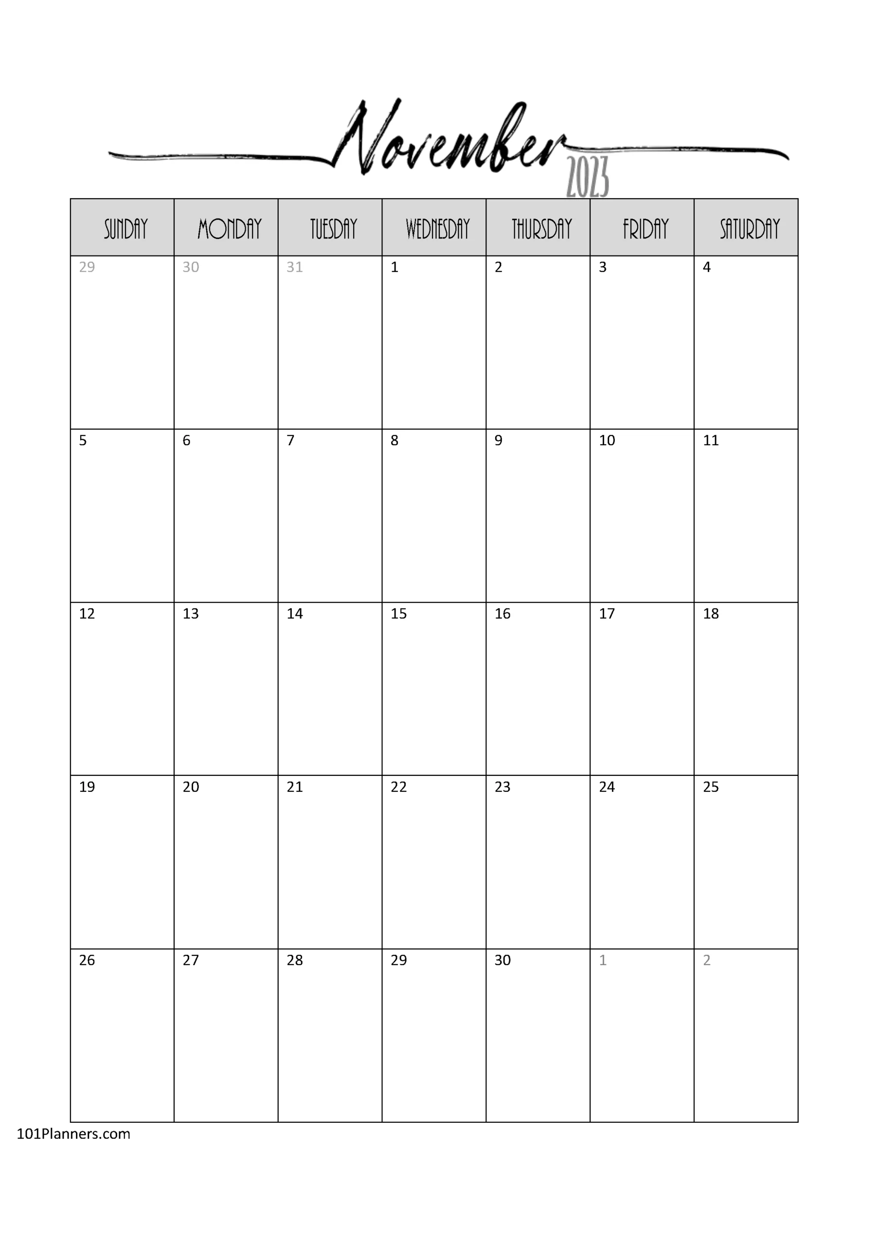 November Calendar Printable Word